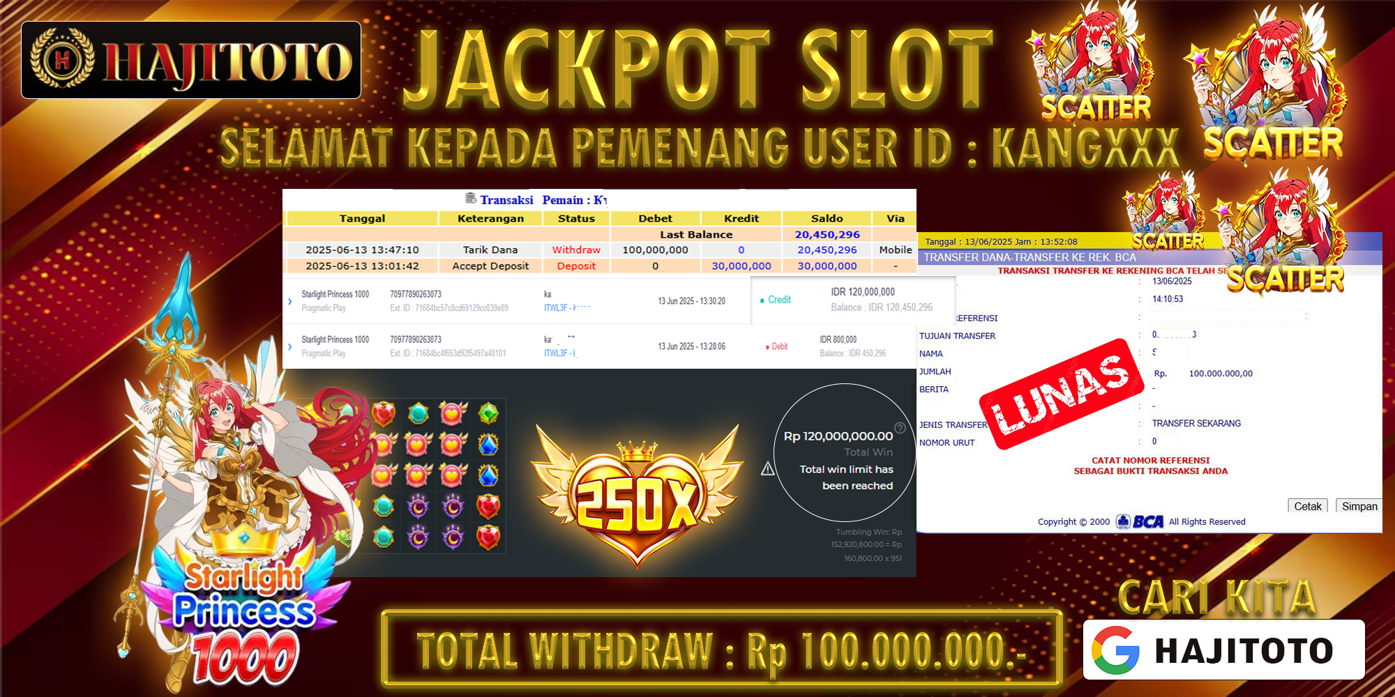 SELAMAT KEPADA PEMENANG MEMBER MERAIH JACKPOT DI GAME SLOT STARLIGHT PRINCESS X 1000 TOTAL RP 100.000.000 DI BAYAR LUNAS